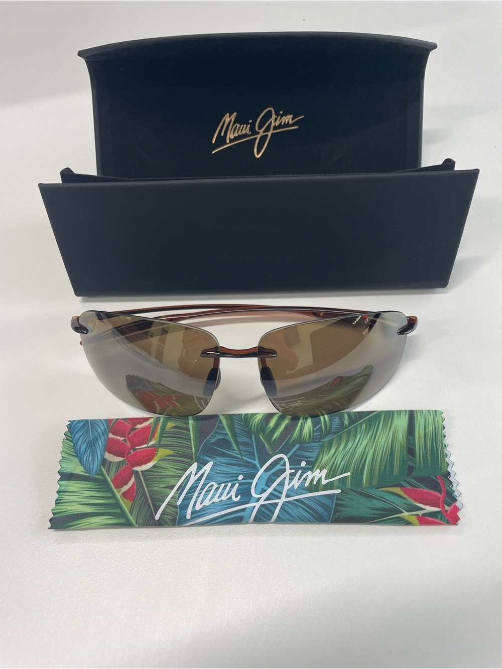 NEW Maui Jim 422 Breakwall Rimless Brown Polarized Sunglasses